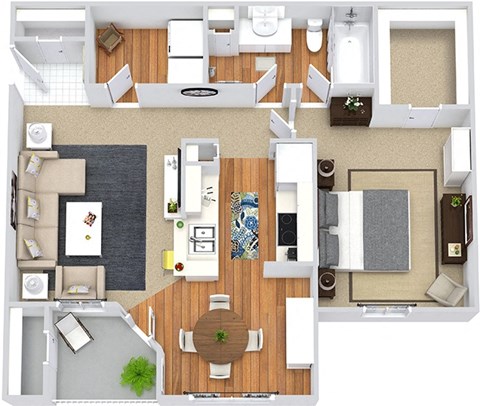 A top-down view of a modern apartment layout with a kitchen, living room, and dining area.